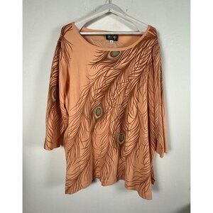 Bob Mackie Wearable Art Womens Peach Peacock Feather 3/4 Sleeve Sweater 3X New